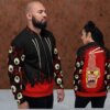 Male and female wearing bomber jacket with logo print