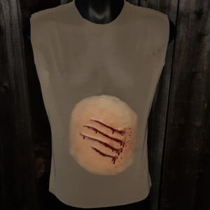 Large bloody claw marks silicone prosthetic attached to round neck mesh sleeveless shirt