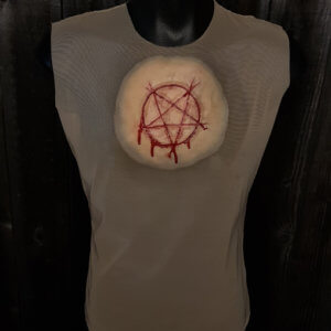 Pentagram carved into chest flesh silicone prosthetic attached to round neck mesh sleeveless shirt